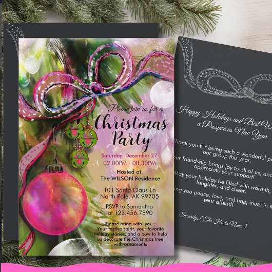 Trendy Vivid Pink Bold Ribbon Christmas Party Kaart