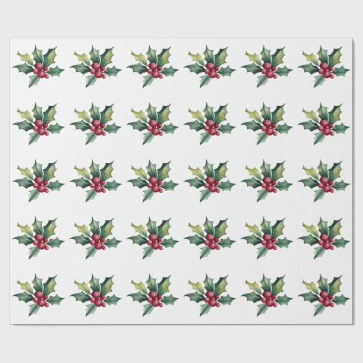 Trendy vrolijke kerst Holly en bessen patroon Cadeaupapier (Vlak)