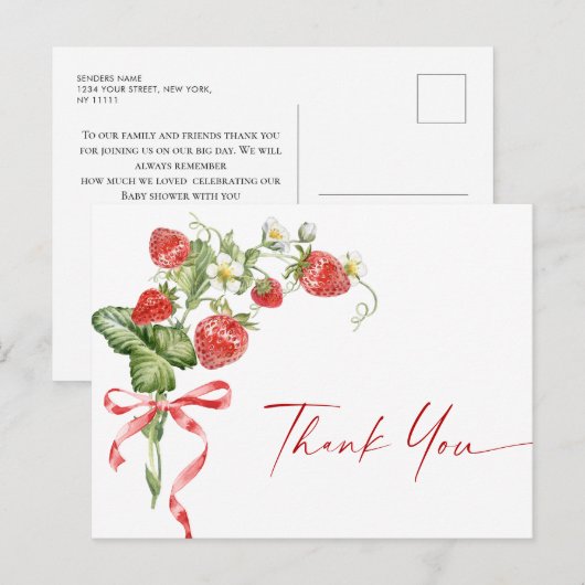Trendy Watercolor Aardbei Baby Shower Bedankt Briefkaart (Voorkant / Achterkant)