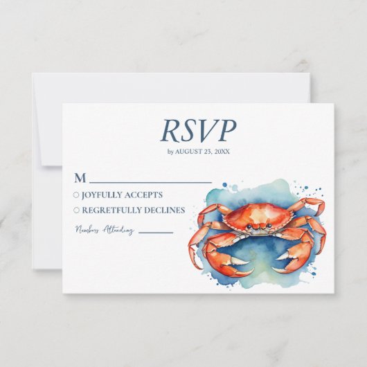 Trendy Watercolor Crab Nautical Beach Wedding RSVP Kaartje (Voorkant)