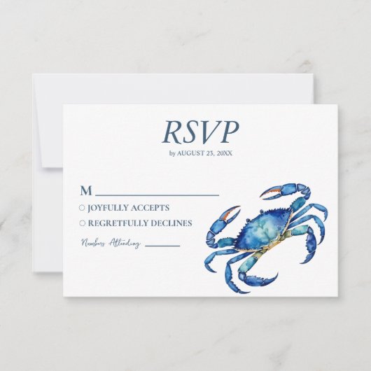 Trendy Watercolor Crab Nautical Beach Wedding RSVP Kaartje (Voorkant)