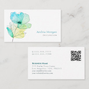 Trendy Watercolor Flower, Name, QR Code, White Visitekaartje