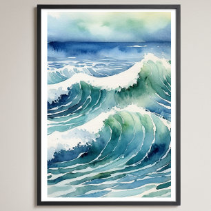 Trendy Watercolor Ocean Beach Wave Poster