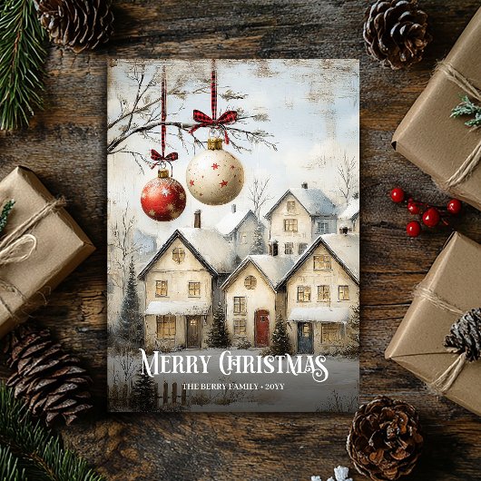 Trendy Watercolor Red White Christmas Scene Card Feestdagenkaart