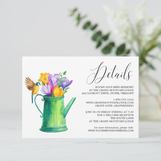 Trendy Watering Can Flowers Bruiloft Details Kaart (Staand voorkant)