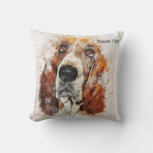 Trendy Waterverf Basset Hound Personalized Kussen (Voorkant)