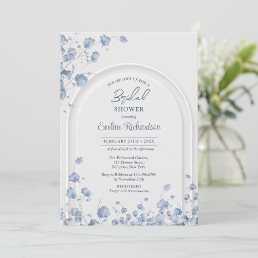 Trendy waterverf blauw wilde bloemen boho boog kaart (Staand voorkant)