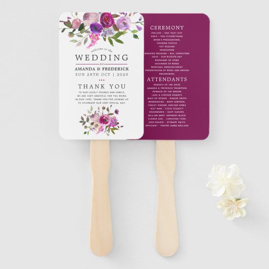 Trendy Waterverf Bloemen Huwelijksprogramma Handwaaier (Voorkant en achterkant)