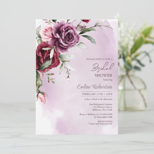 Trendy waterverf boho mauve en bordeaux rozen kaart (Staand voorkant)