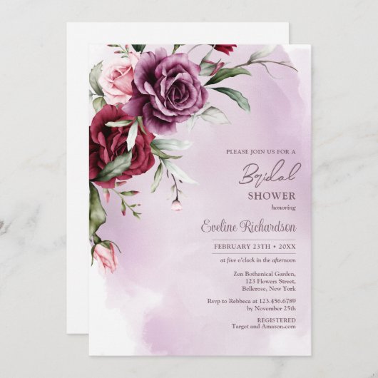 Trendy waterverf boho mauve en bordeaux rozen kaart (Voorkant / Achterkant)