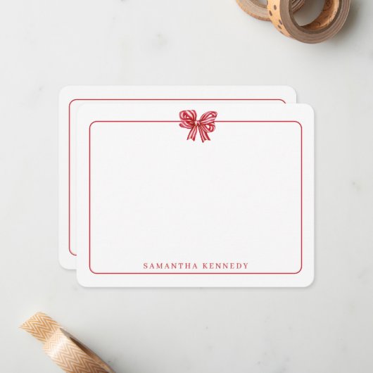 Trendy Waterverf Bow en Border Girly Stationery Notitiekaartje (Voorkant / Achterkant in situ)