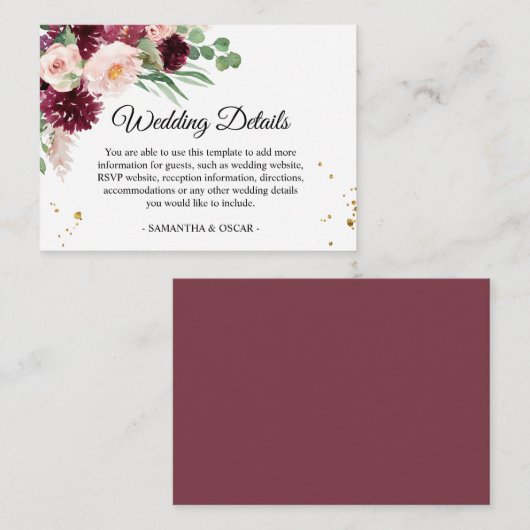 Trendy Waterverf Burgundy Blush Pink Floral  Informatiekaartje (Voorkant / Achterkant)