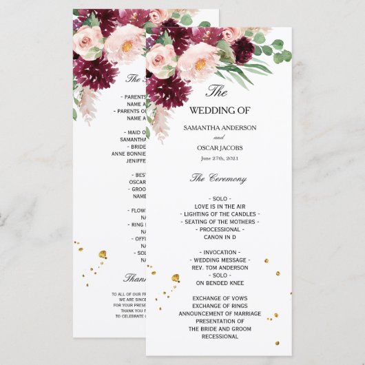 Trendy Waterverf Burgundy Blush Roze Bloemig  Menu (Voorkant / Achterkant)