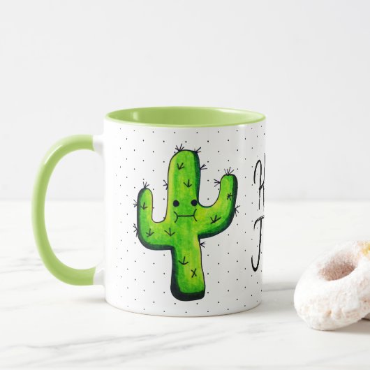 Trendy Waterverf Cactus & Black Stippen Hallo Mok (Met donut)