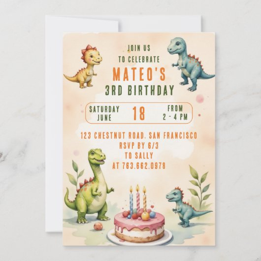 Trendy Waterverf Drie-Rex Derde 3D Verjaardag Kaart (Achterkant)