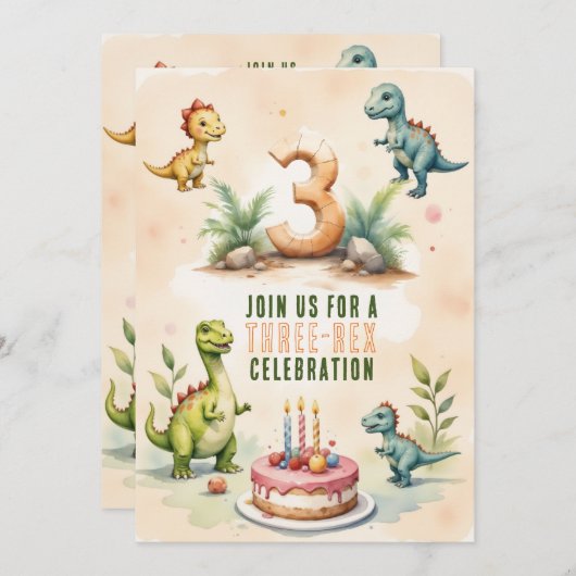 Trendy Waterverf Drie-Rex Derde 3D Verjaardag Kaart (Voorkant / Achterkant)
