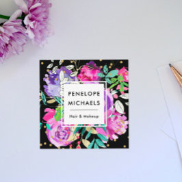 Trendy Waterverf Floral Bouquet op Black Vierkante Visitekaartje