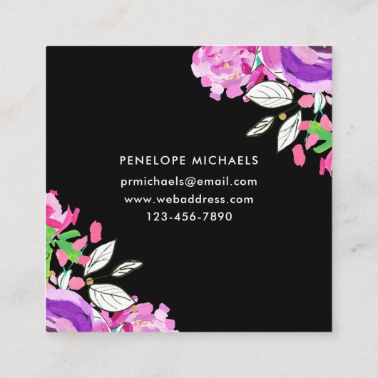 Trendy Waterverf Floral Bouquet op Black Vierkante Visitekaartje (Achterkant)