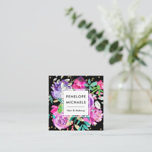 Trendy Waterverf Floral Bouquet op Black Vierkante Visitekaartje (Staand voorkant)