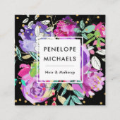 Trendy Waterverf Floral Bouquet op Black Vierkante Visitekaartje (Voorkant)