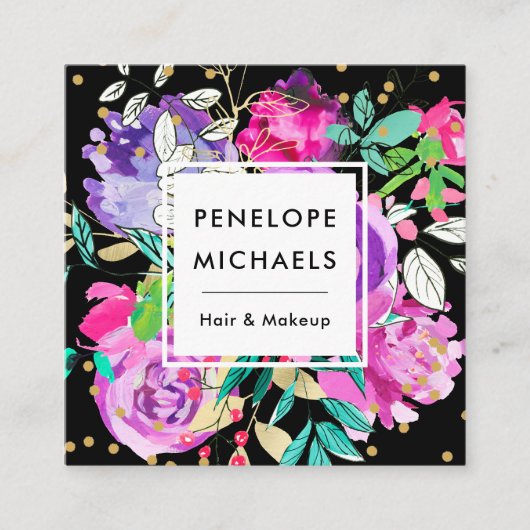 Trendy Waterverf Floral Bouquet op Black Vierkante Visitekaartje (Voorkant)