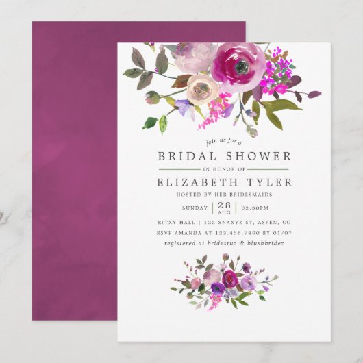 Trendy Waterverf Floral Bridal Shower Invitation Kaart (Voorkant / Achterkant)