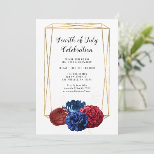 Trendy Waterverf Floral Geometric 4 juli Partij Kaart (Staand voorkant)