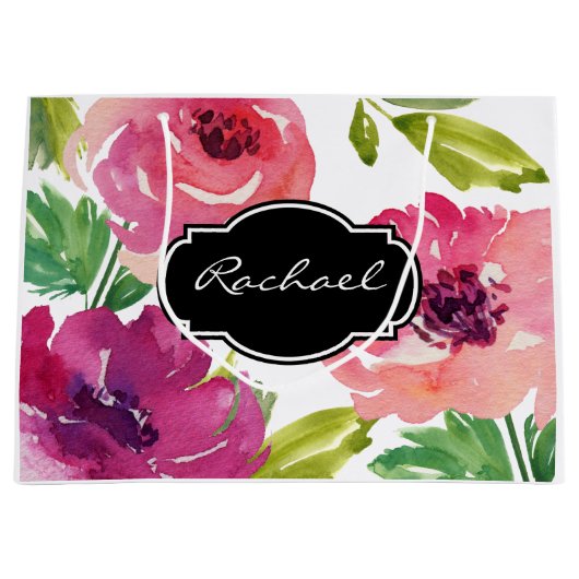 Trendy Waterverf Floral met naam Large Cadeautasje (Voorkant)