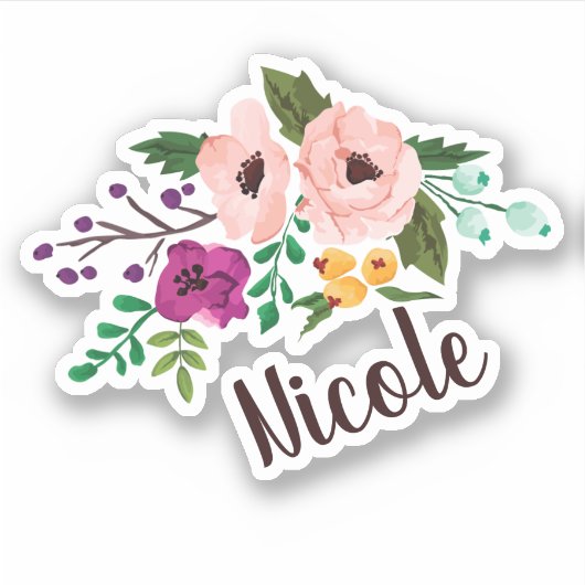 Trendy Waterverf Floral met naam Sticker (Voorkant)