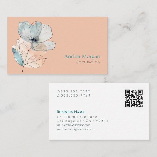 Trendy Waterverf Flower, naam, QR-code, perzik Visitekaartje (Voorkant / Achterkant)