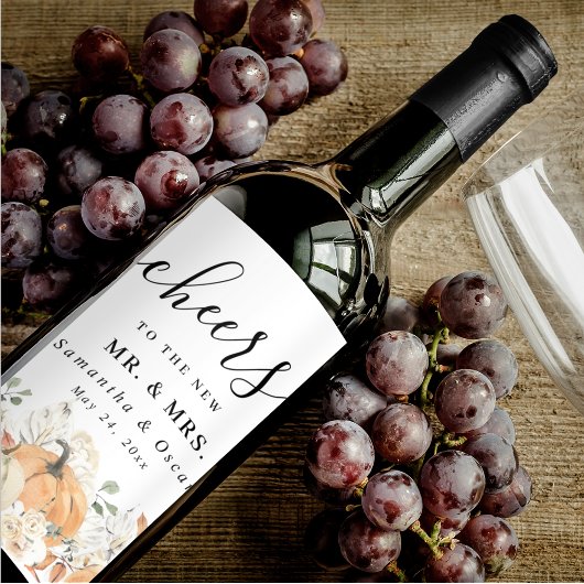 Trendy Waterverf Flowers & Pumpkins Autumn Wijn Etiket