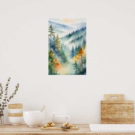 Trendy Waterverf Green Pine Forest Mountain Poster (Keuken)