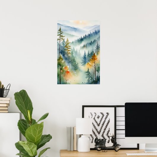 Trendy Waterverf Green Pine Forest Mountain Poster (Thuiskantoor)
