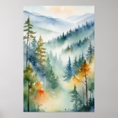 Trendy Waterverf Green Pine Forest Mountain Poster (Voorkant)