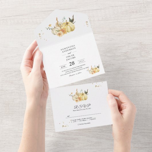 Trendy Waterverf Herfst Pompoen & Bloemen All In One Uitnodiging (Afscheurbaar)