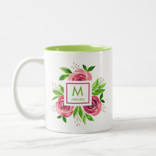 Trendy Waterverf Hot Pink Rozen & Limoen monogram Tweekleurige Koffiemok