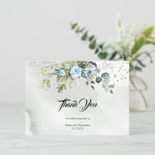 Trendy Waterverf IJsblauwe bloempjes Eucalyptus go Bedankkaart (Staand voorkant)