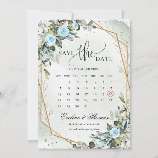 Trendy Waterverf IJsblauwe bloempjes Eucalyptus go Save The Date (Voorkant)