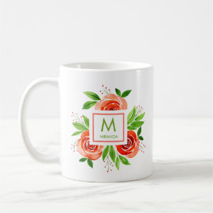 Trendy Waterverf Living Coral Rozen Monogram Koffiemok