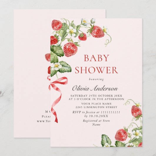 Trendy Waterverf Meadow Strawberry Baby shower Kaart (Voorkant / Achterkant)