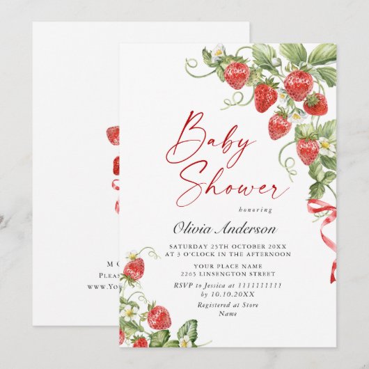 Trendy Waterverf Meadow Strawberry Baby shower Kaart (Voorkant / Achterkant)