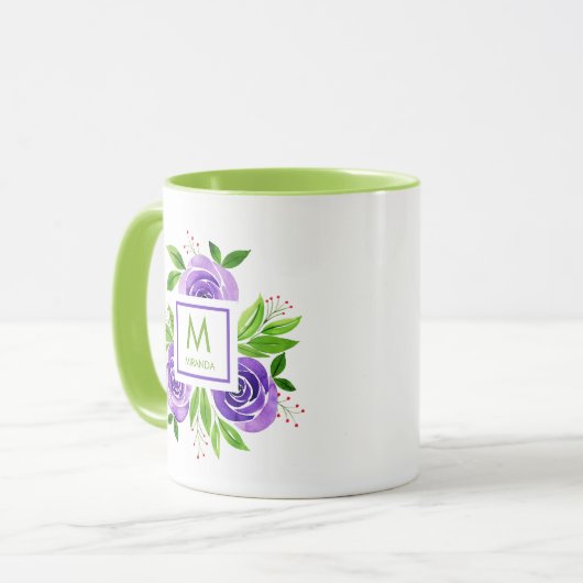 Trendy Waterverf Paars en Limoen Monogram Mok (Voorkant links)