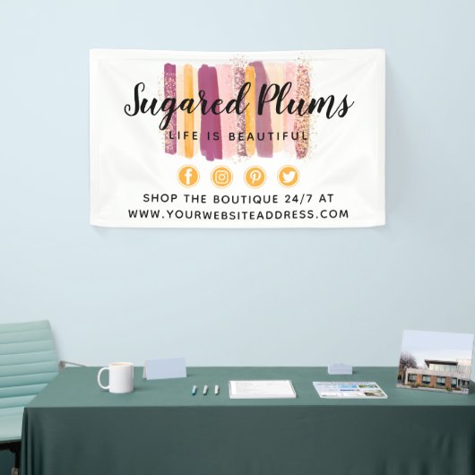 Trendy Waterverf Paint Strokes Plum Paars & Gold Spandoek (Beurs)