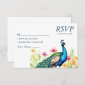 Trendy Waterverf Peacock Flowers RSVP Kaartje (Voorkant / Achterkant)