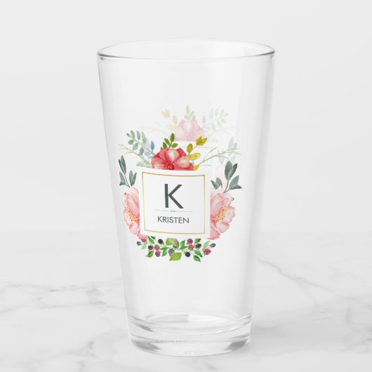 Trendy Waterverf Peony Flowers | Monogram Glas (Achterkant)