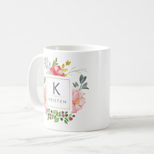 Trendy Waterverf Peony Flowers Monogram Mok (Voorkant links)