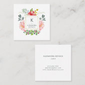 Trendy Waterverf Peony Flowers Monogram Vierkante Visitekaartje (Voorkant / Achterkant)