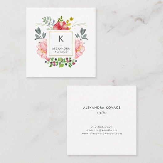 Trendy Waterverf Peony Flowers Monogram Vierkante Visitekaartje (Voorkant / Achterkant)