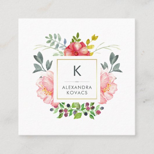 Trendy Waterverf Peony Flowers Monogram Vierkante Visitekaartje (Voorkant)