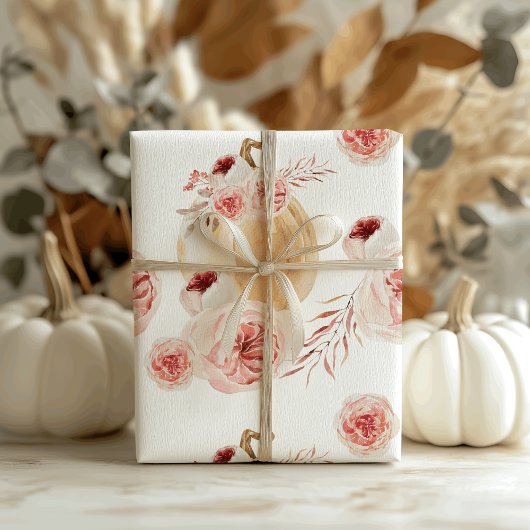 Trendy Waterverf Pumpkin & Flowers | NajaarsHerfst Cadeaupapier